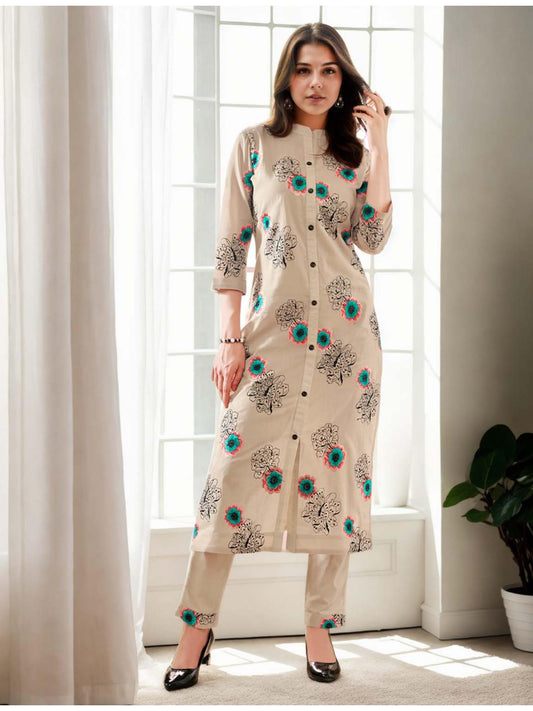 Cotton Floral Embroidered &amp; Sequinned Beige Co-Ord (Set of 2)