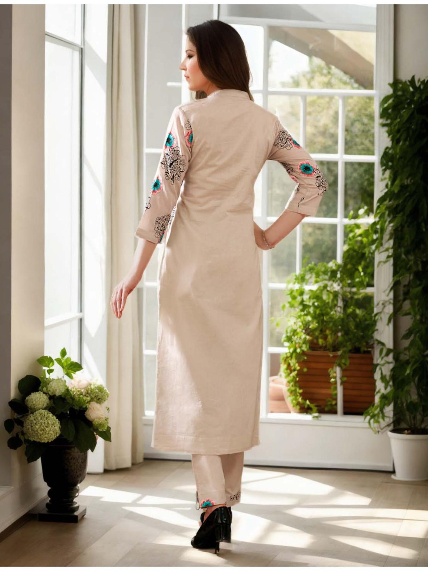 Cotton Floral Embroidered &amp; Sequinned Beige Co-Ord (Set of 2)