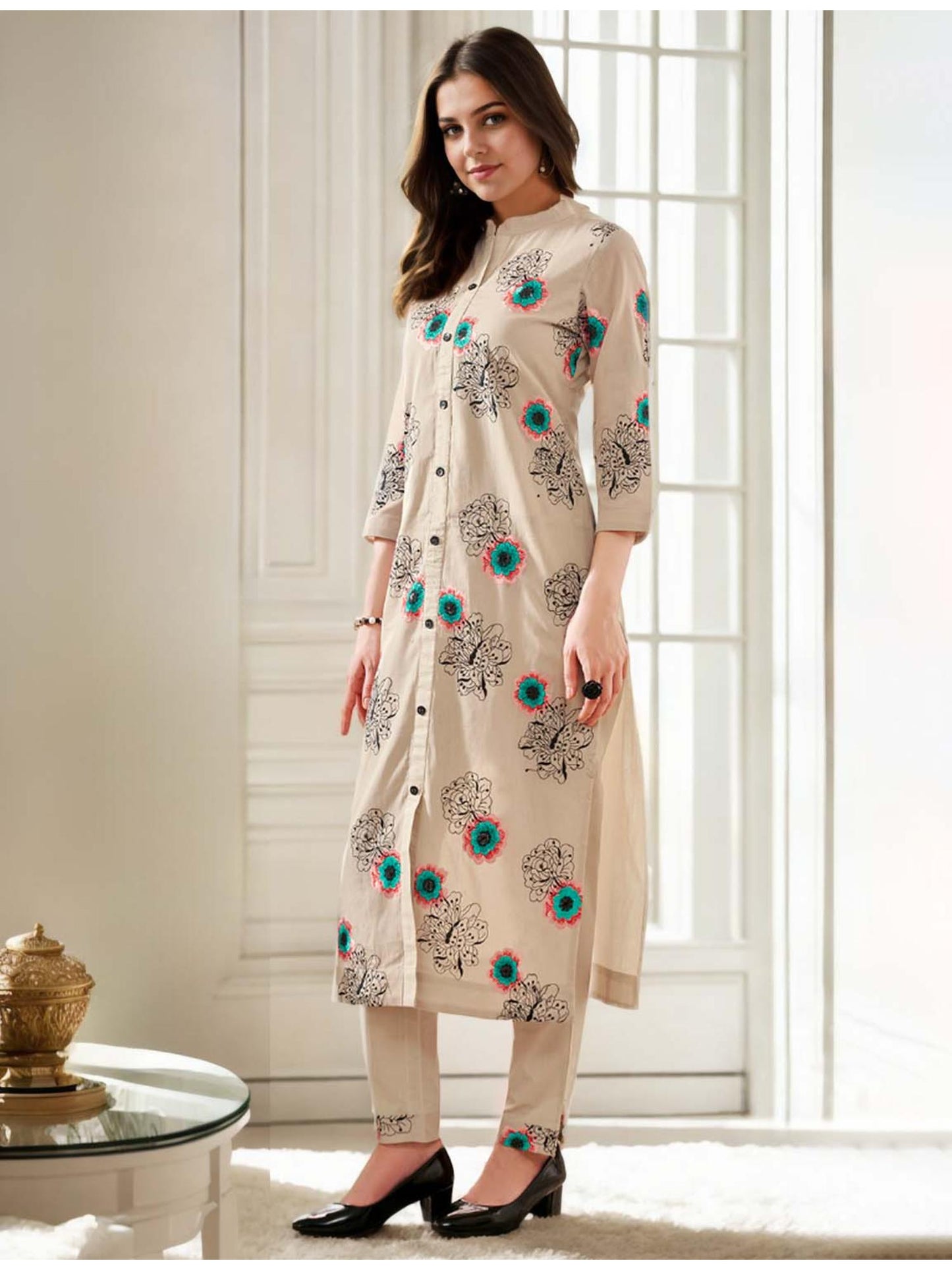 Cotton Floral Embroidered &amp; Sequinned Beige Co-Ord (Set of 2)