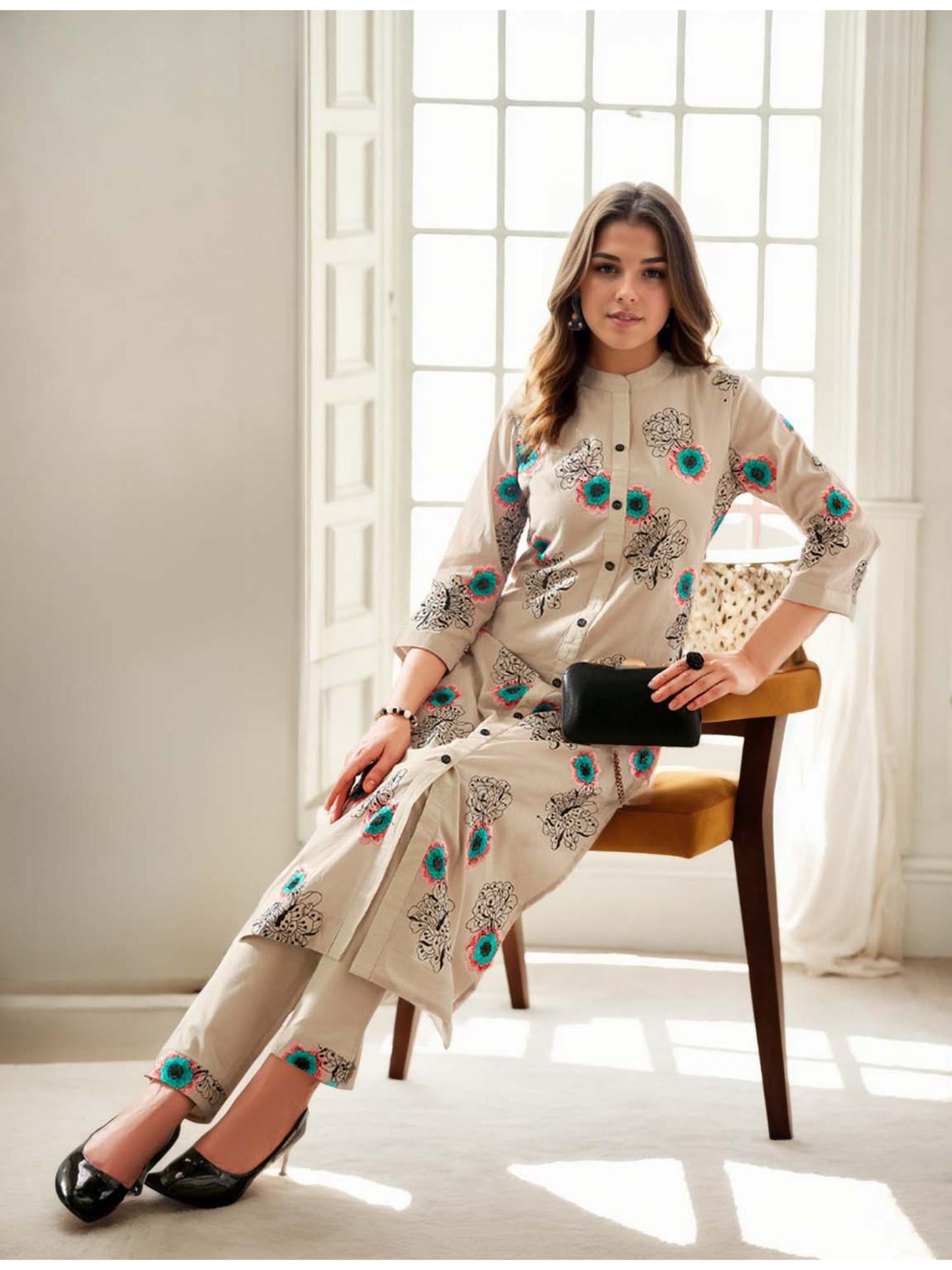 Cotton Floral Embroidered &amp; Sequinned Beige Co-Ord (Set of 2)