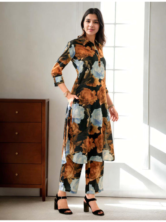 Cotton Big Floral Digital Printed Black Kurta &amp; Palazzo Co-Ord (Set of 2)