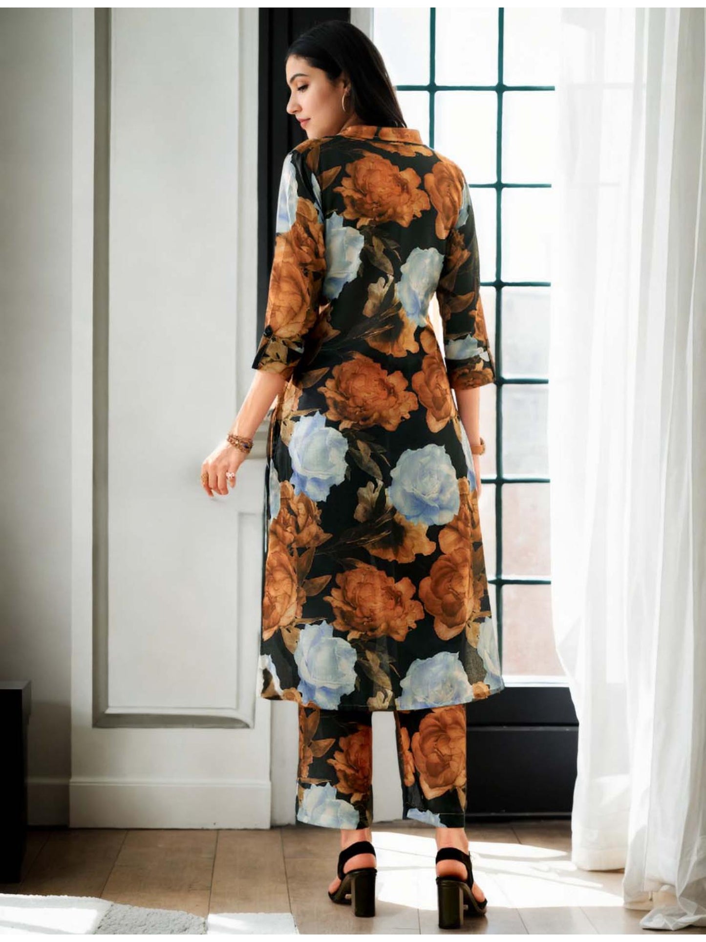 Cotton Big Floral Digital Printed Black Kurta &amp; Palazzo Co-Ord (Set of 2)
