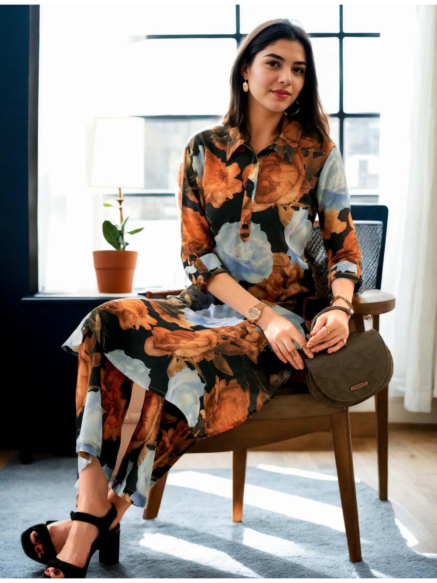 Cotton Big Floral Digital Printed Black Kurta &amp; Palazzo Co-Ord (Set of 2)