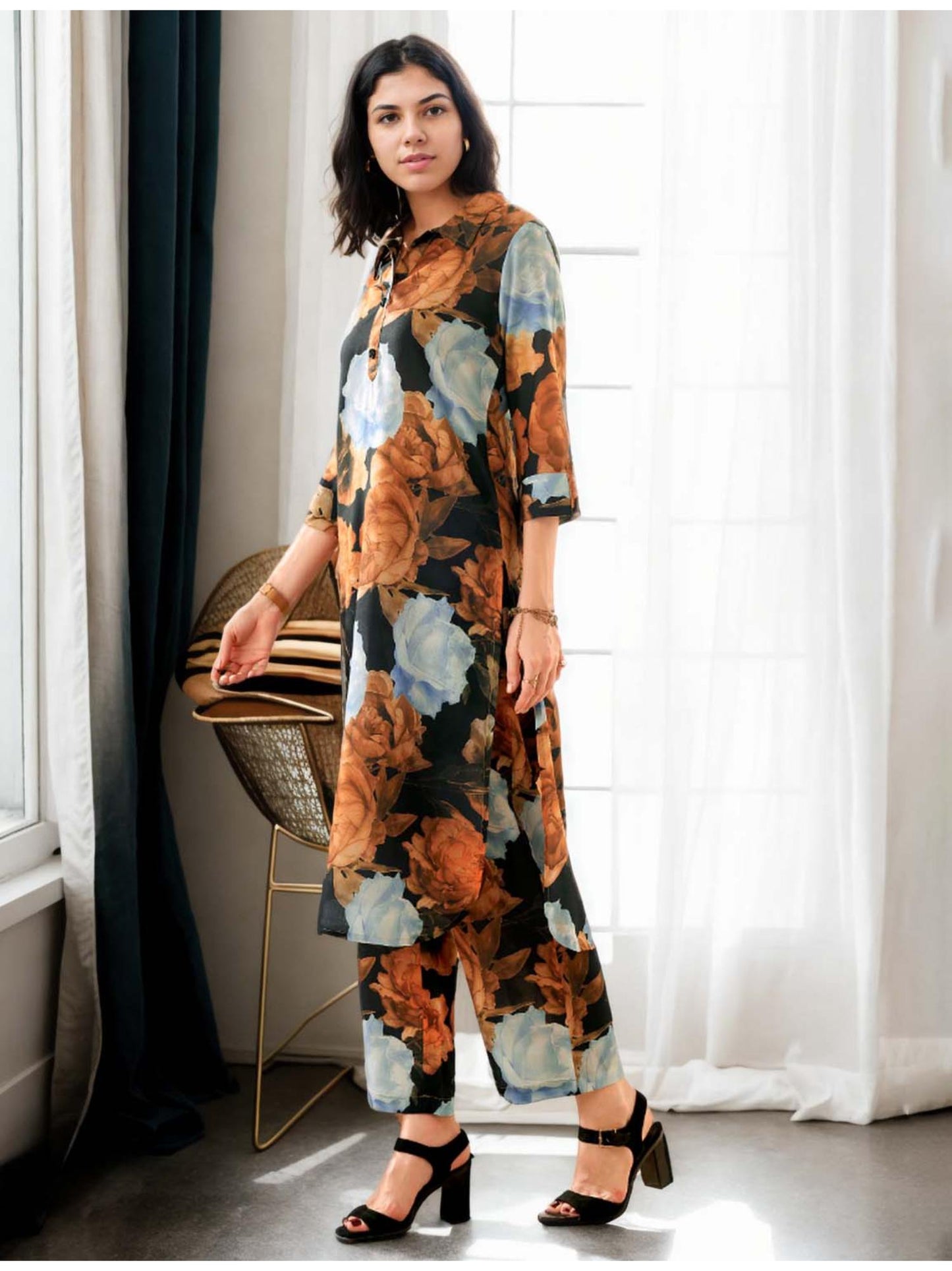 Cotton Big Floral Digital Printed Black Kurta &amp; Palazzo Co-Ord (Set of 2)