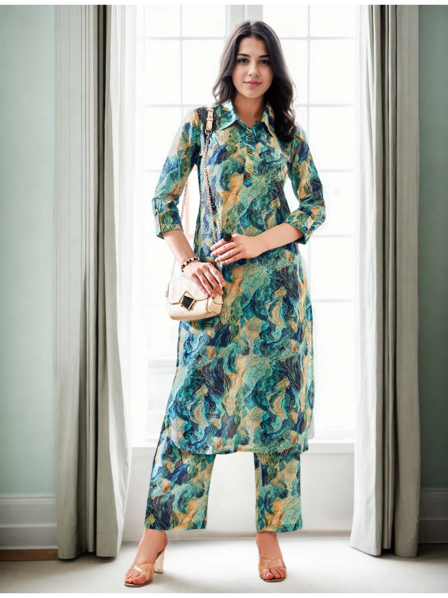 Cotton Blend Abstract Digital Printed Green Kurta &amp; Palazzo Co-Ord (Set of 2)