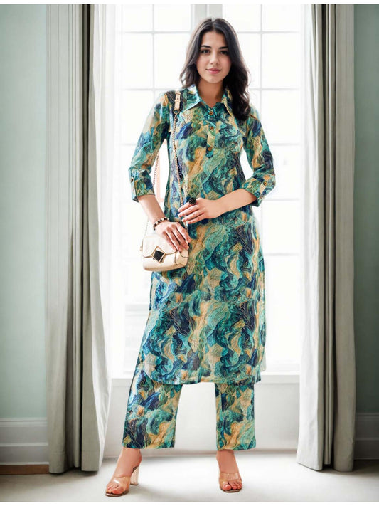Cotton Blend Abstract Digital Printed Green Kurta &amp; Palazzo Co-Ord (Set of 2)