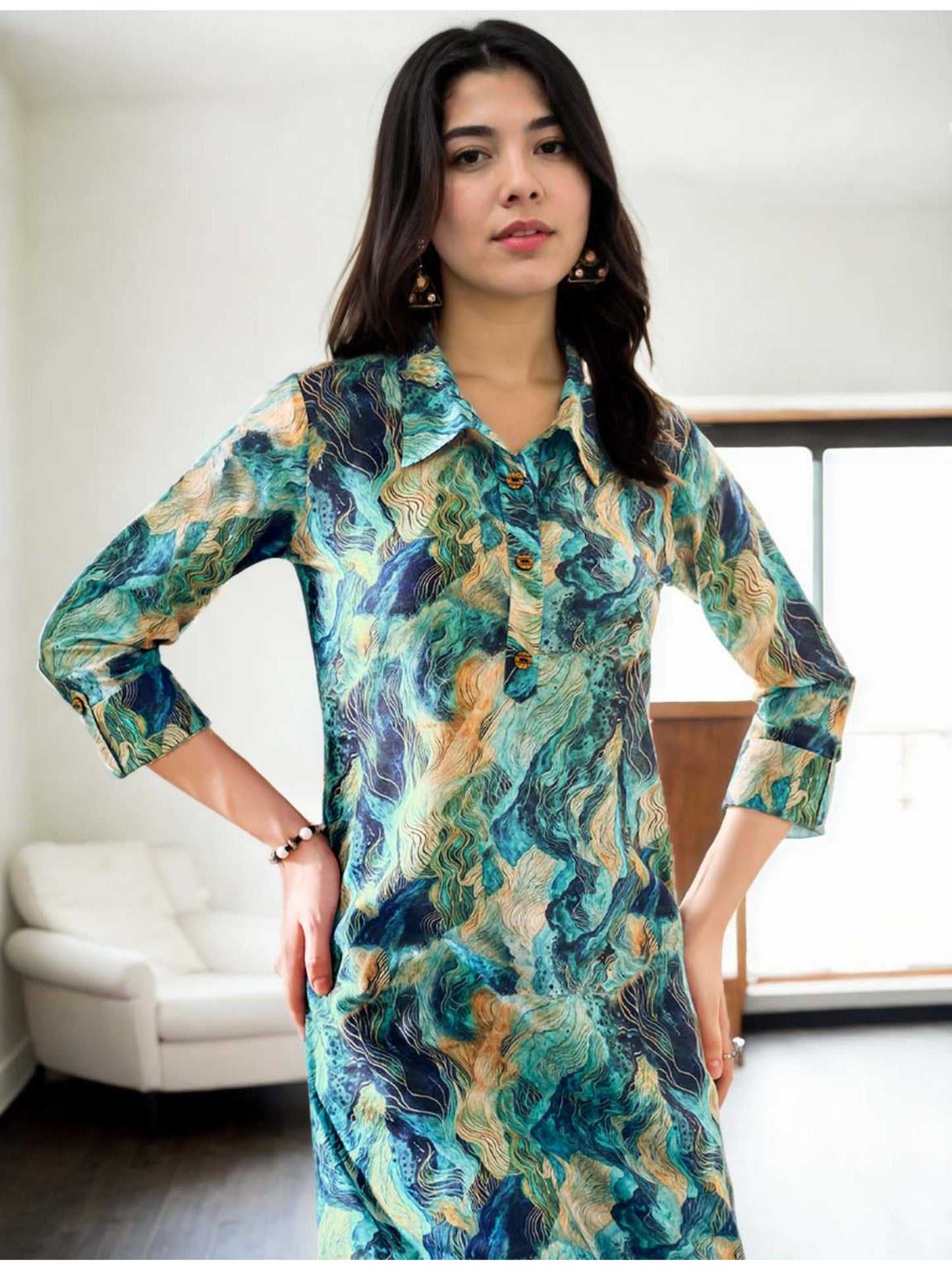 Cotton Blend Abstract Digital Printed Green Kurta &amp; Palazzo Co-Ord (Set of 2)