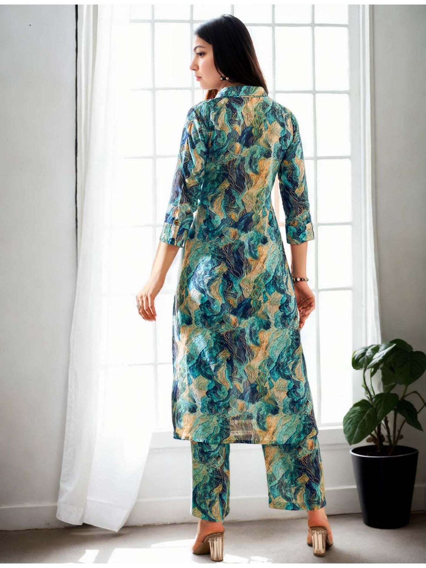 Cotton Blend Abstract Digital Printed Green Kurta &amp; Palazzo Co-Ord (Set of 2)