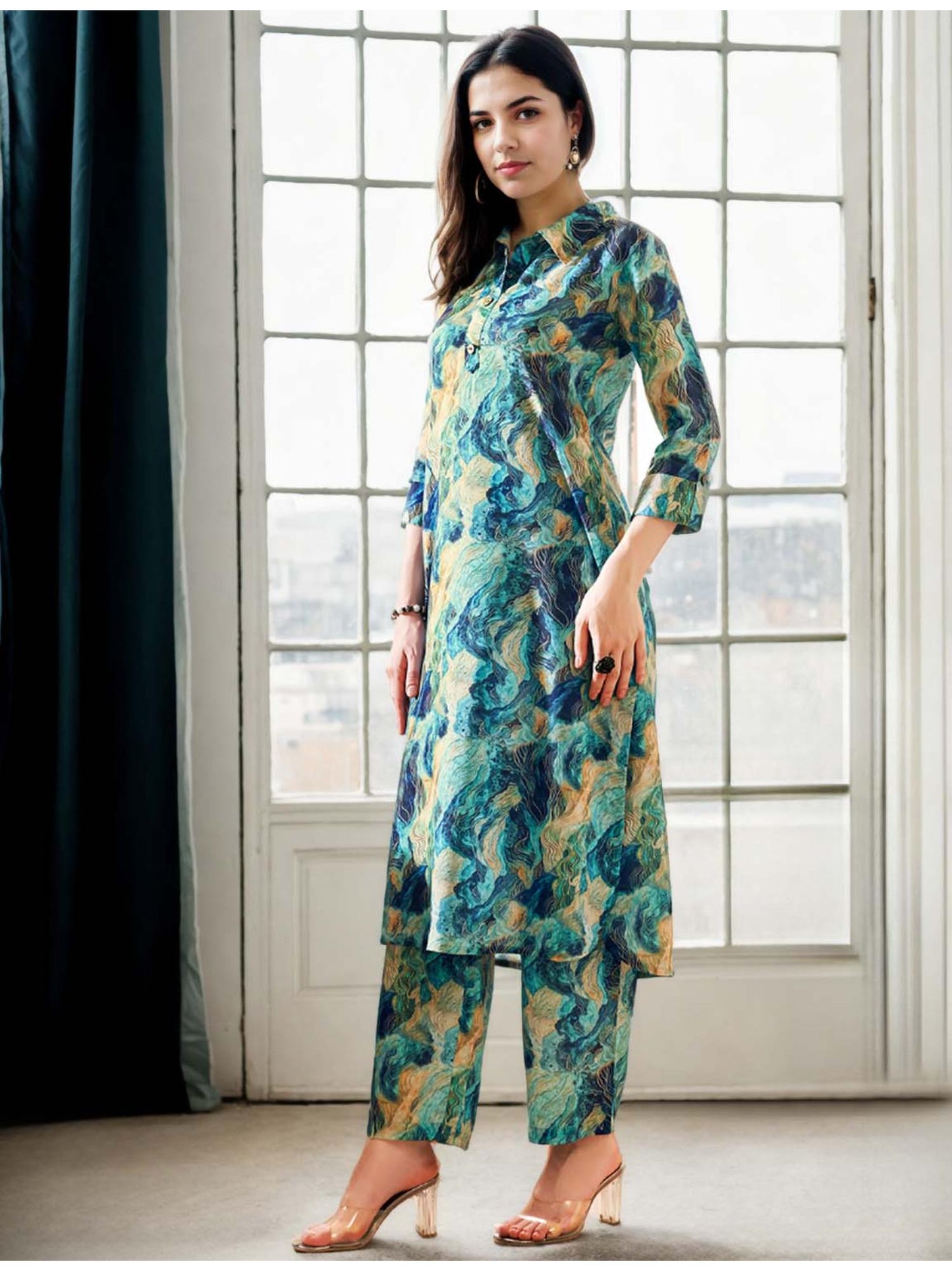 Cotton Blend Abstract Digital Printed Green Kurta &amp; Palazzo Co-Ord (Set of 2)