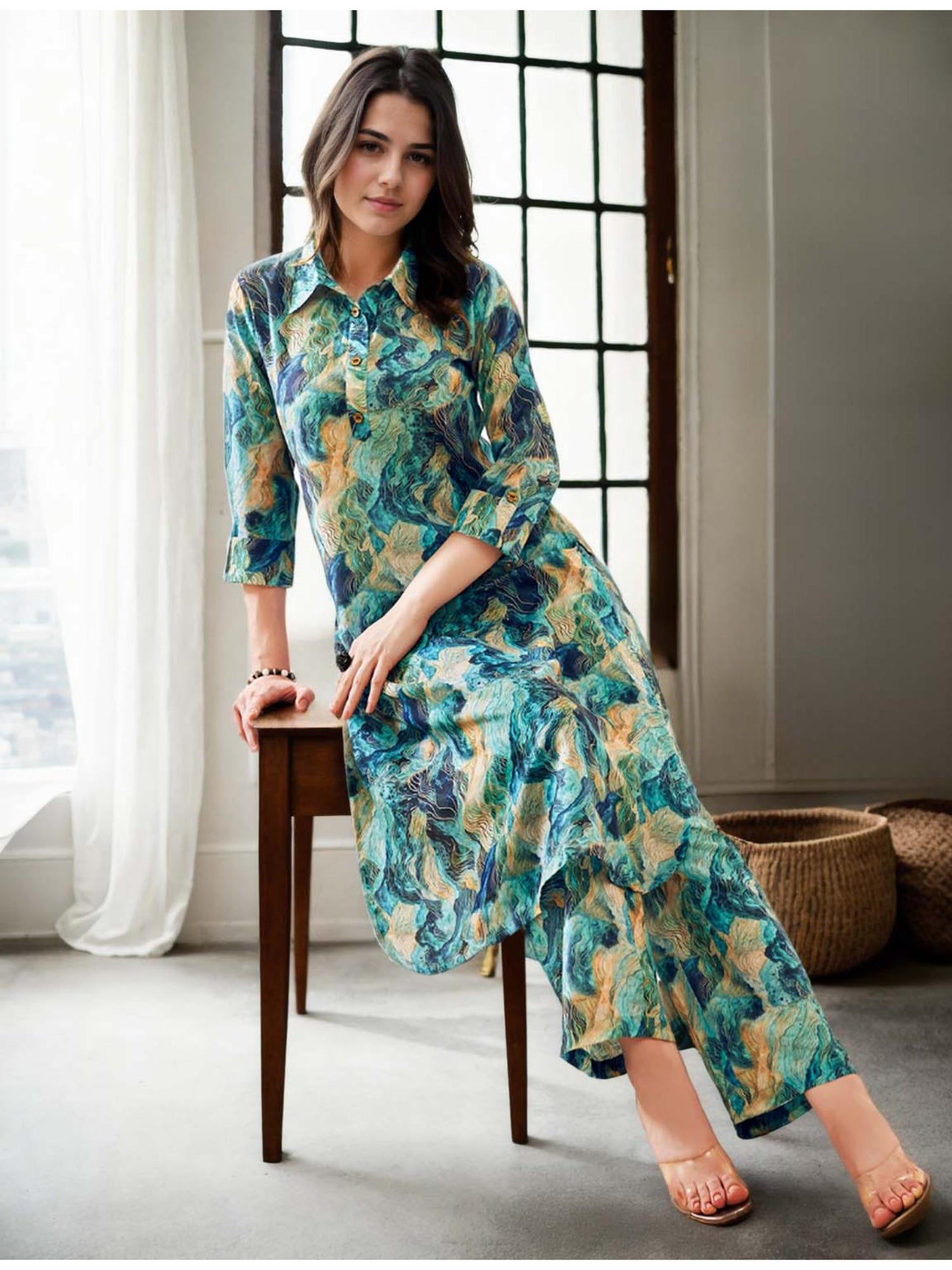 Cotton Blend Abstract Digital Printed Green Kurta &amp; Palazzo Co-Ord (Set of 2)