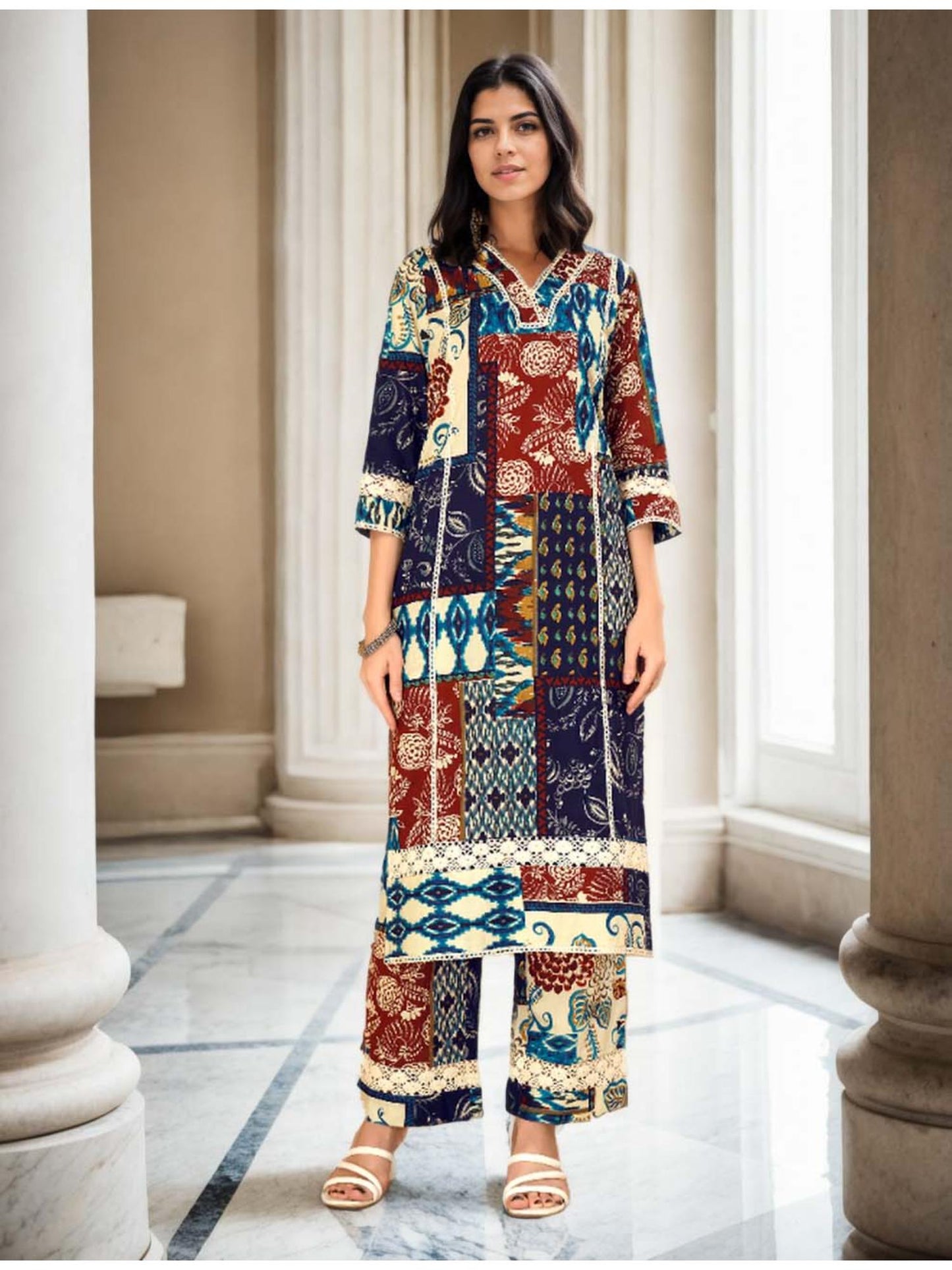 Cotton Floral &amp; Ikat Printed Multi Color Kurta &amp; Pant Co-Ord (Set of 2)