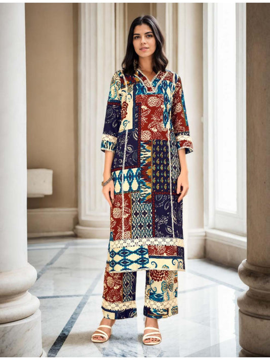 Cotton Floral &amp; Ikat Printed Multi Color Kurta &amp; Pant Co-Ord (Set of 2)