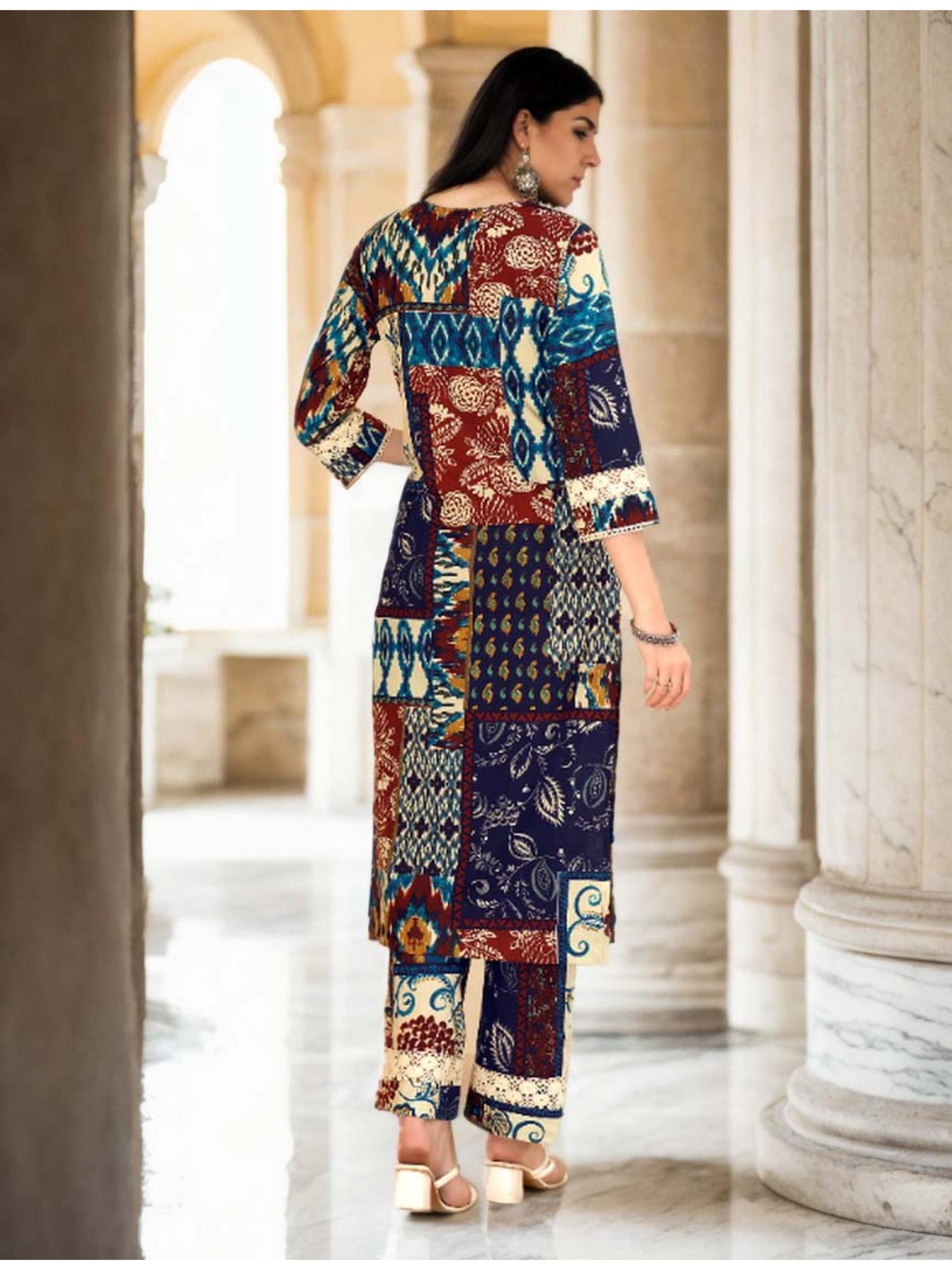 Cotton Floral &amp; Ikat Printed Multi Color Kurta &amp; Pant Co-Ord (Set of 2)
