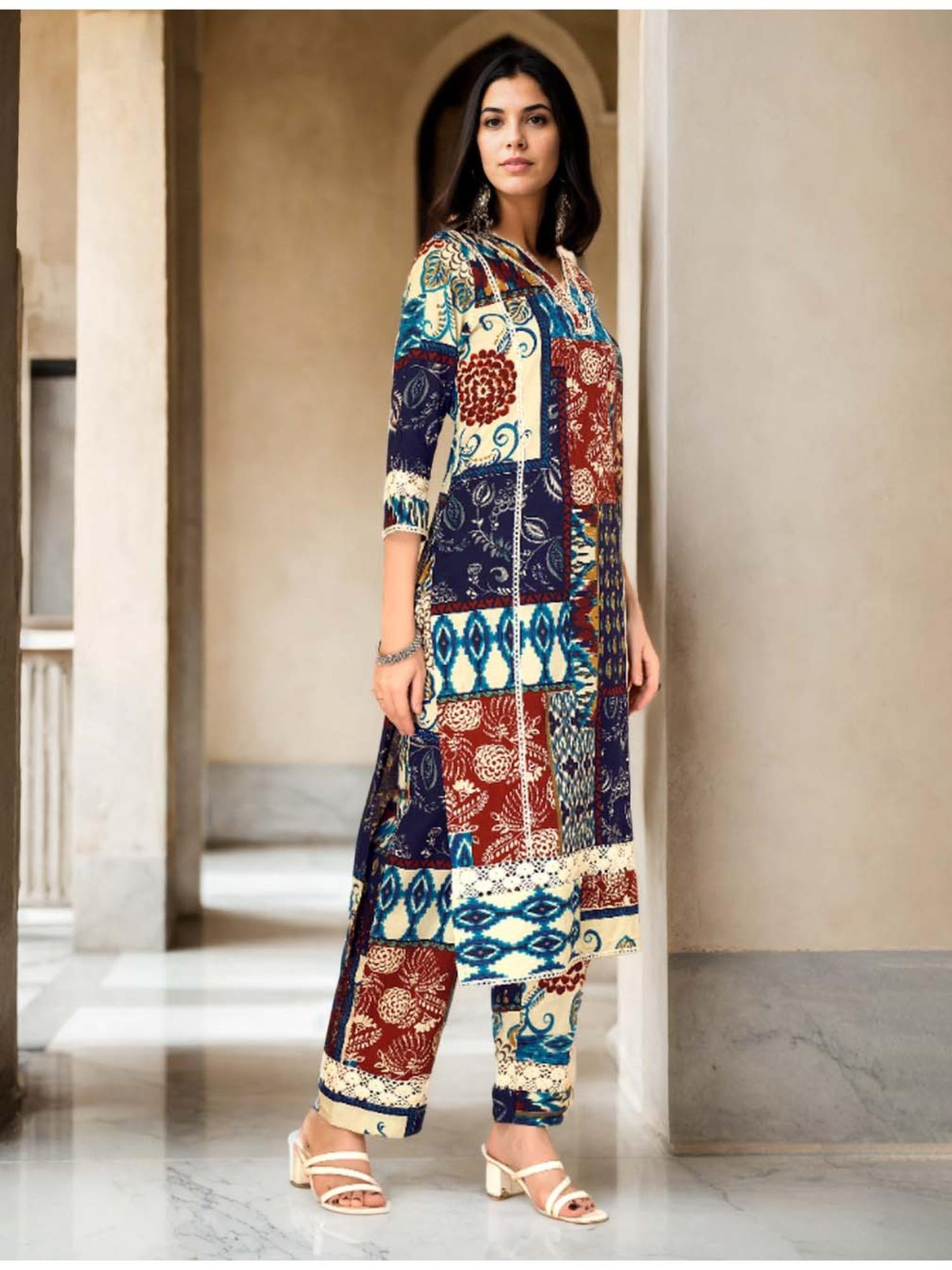 Cotton Floral &amp; Ikat Printed Multi Color Kurta &amp; Pant Co-Ord (Set of 2)