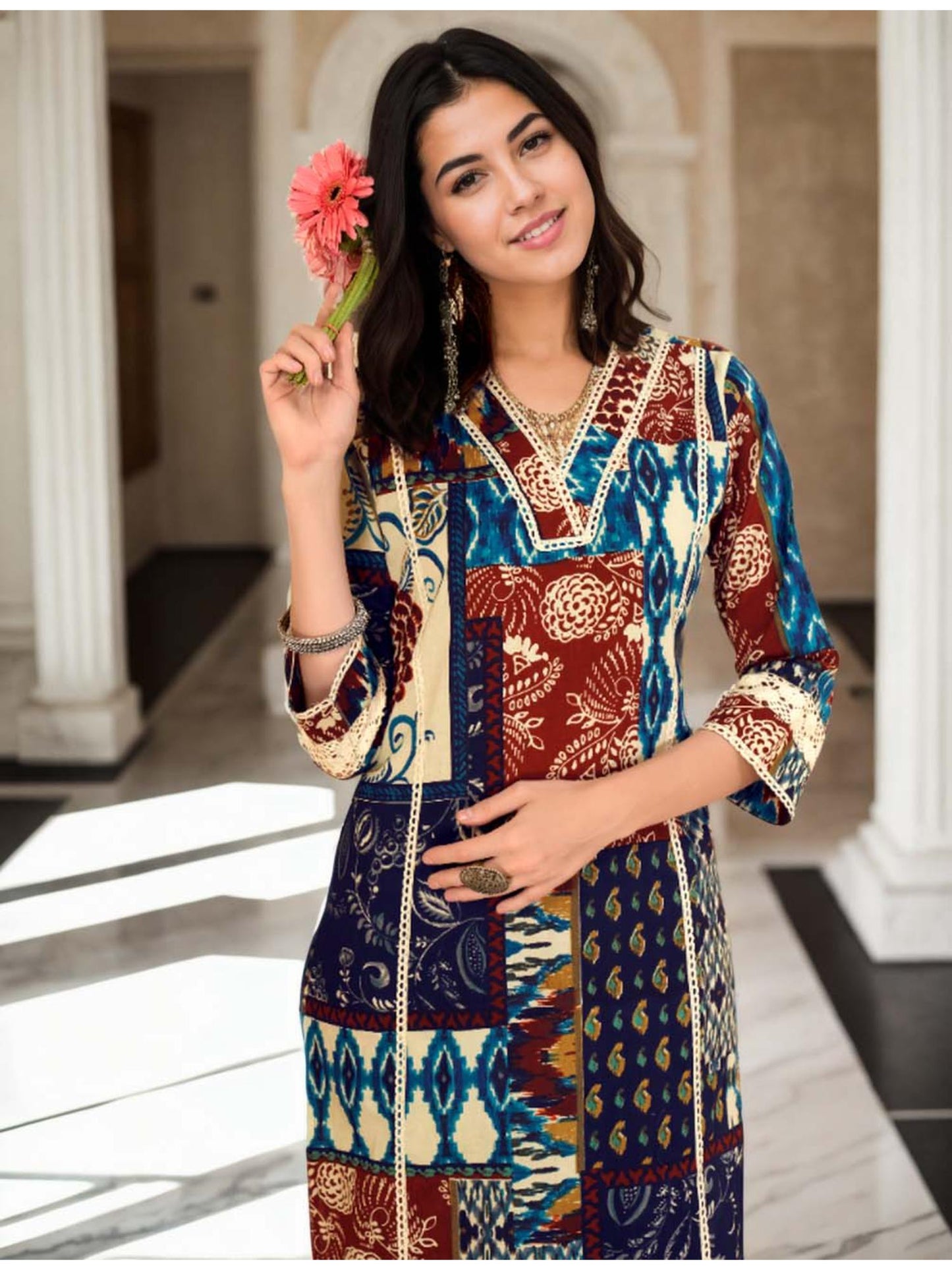 Cotton Floral &amp; Ikat Printed Multi Color Kurta &amp; Pant Co-Ord (Set of 2)