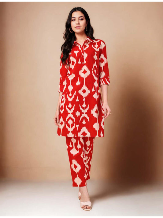 Cotton Ikat Printed Red Kurta &amp; Pant Co-Ord (Set of 2)