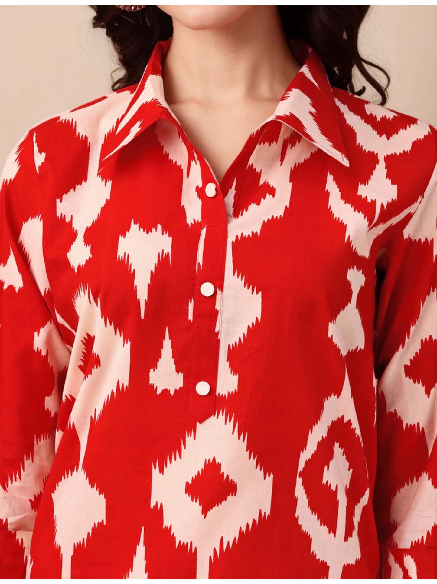 Cotton Ikat Printed Red Kurta &amp; Pant Co-Ord (Set of 2)