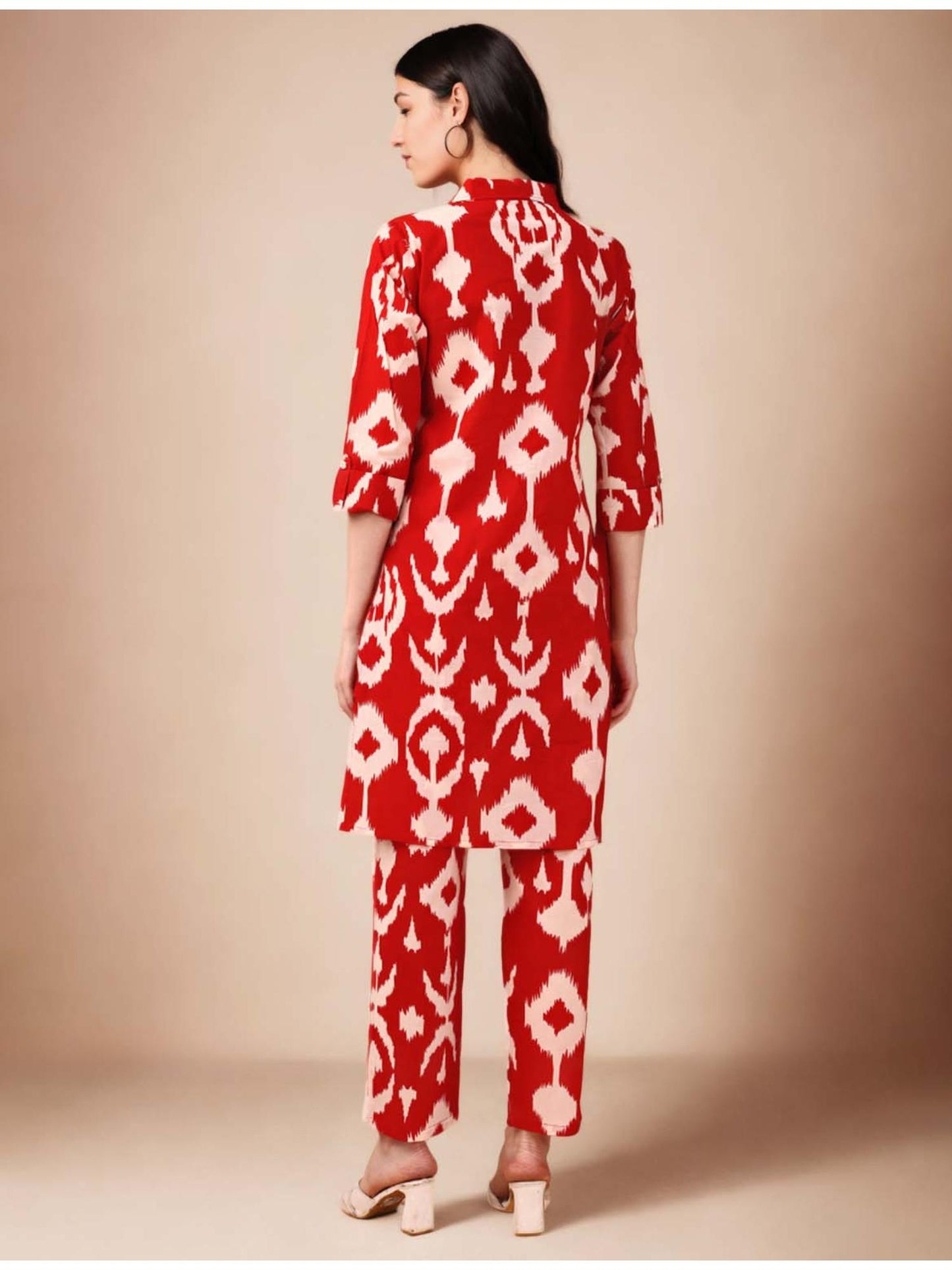 Cotton Ikat Printed Red Kurta &amp; Pant Co-Ord (Set of 2)