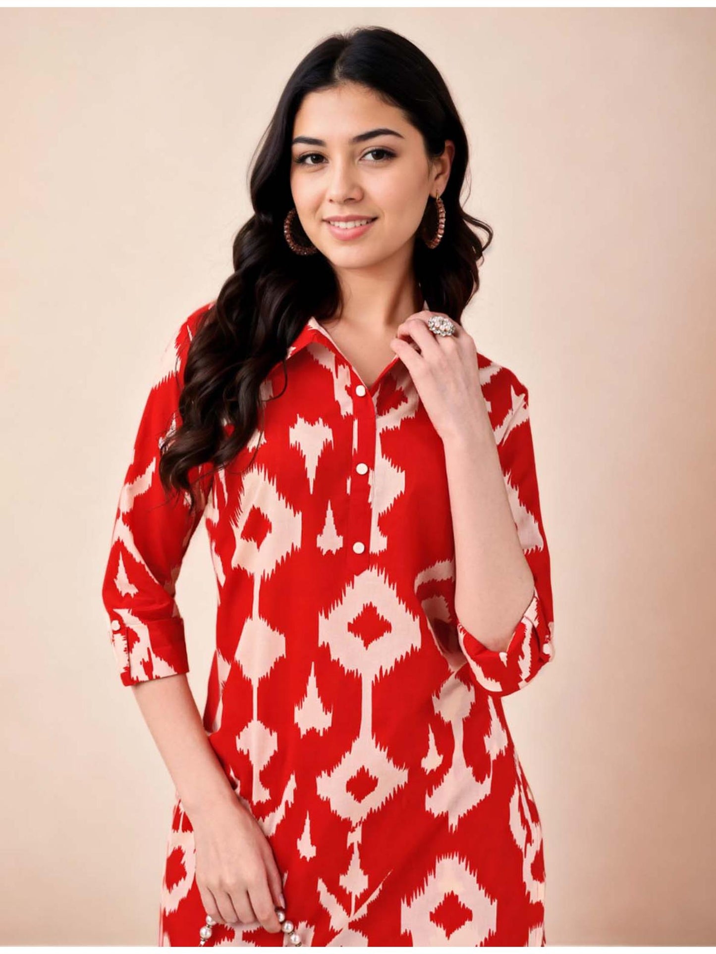 Cotton Ikat Printed Red Kurta &amp; Pant Co-Ord (Set of 2)