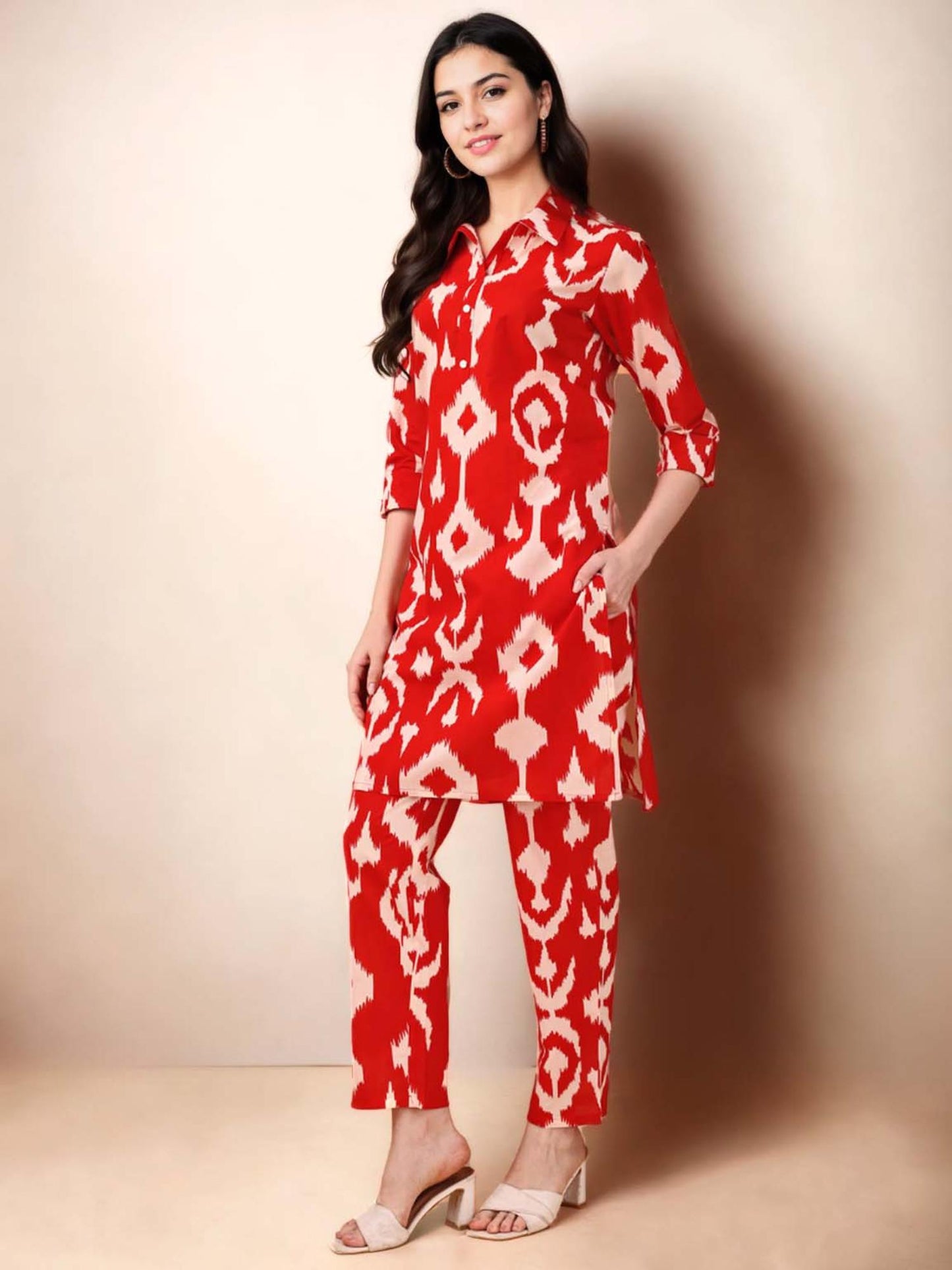 Cotton Ikat Printed Red Kurta &amp; Pant Co-Ord (Set of 2)