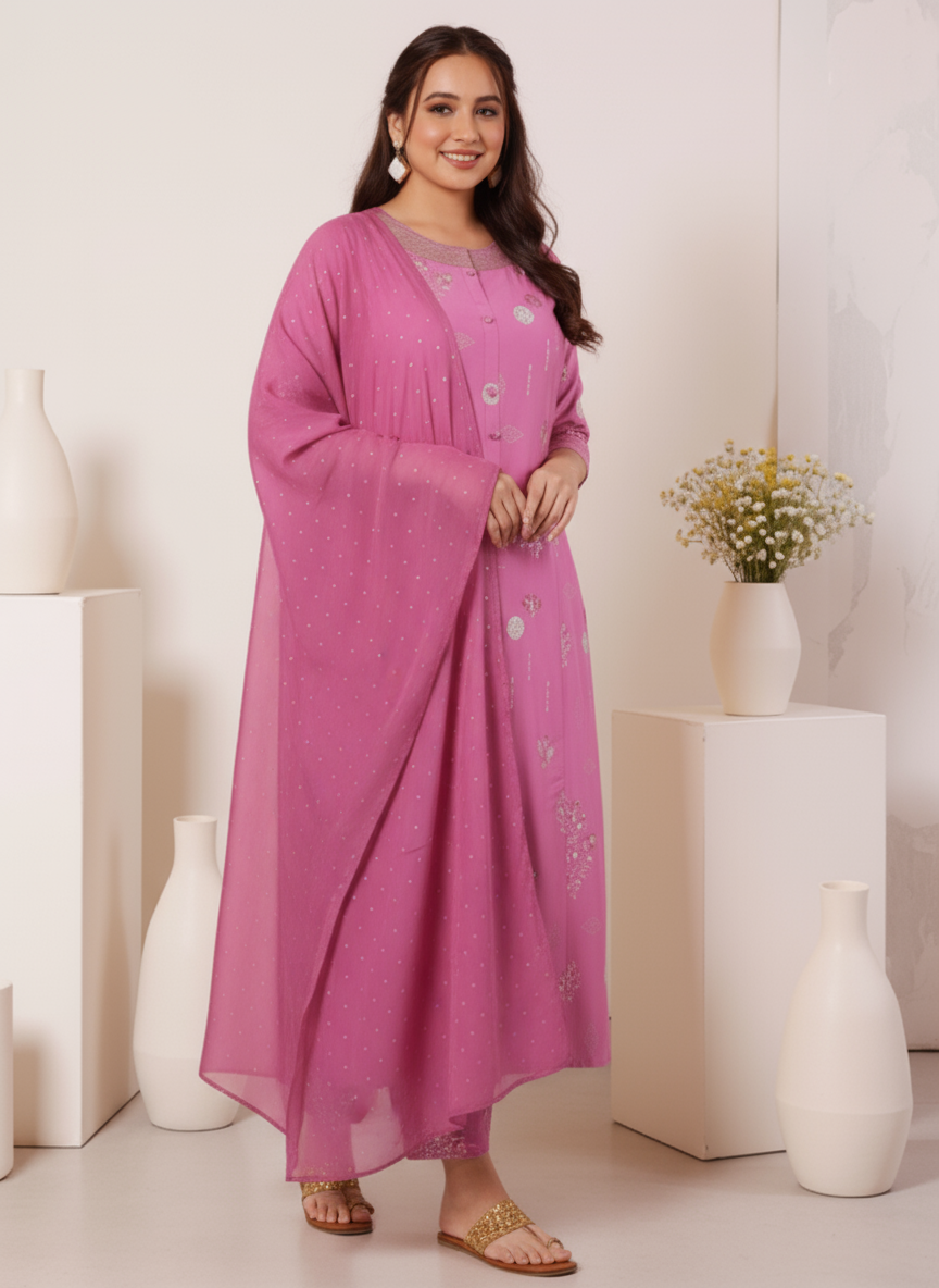 Embroidered Roman silk Floral Flared Purple Kurta