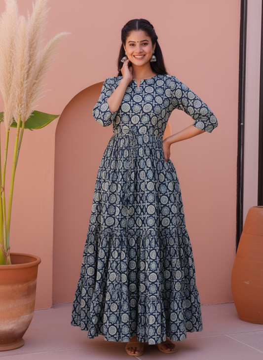 Soft Cotton Geometric Anarkali Blue Dress