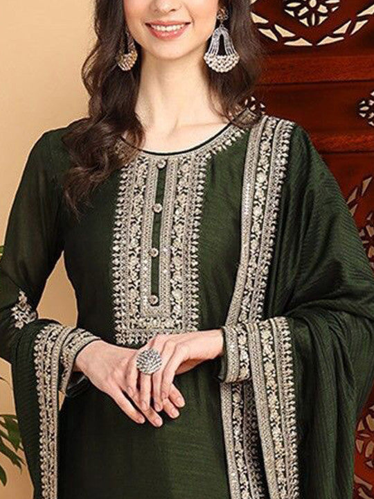 House of Pataudi Floral Embroidered Thread work Straight Kurta Trousers With Dupatta
