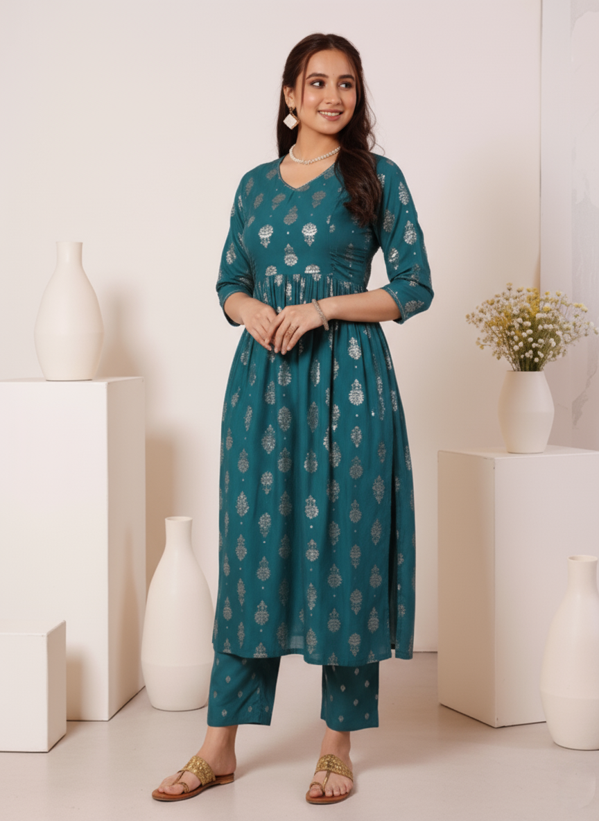 Embroidered Roman silk Gold foil Flared Teal Kurta