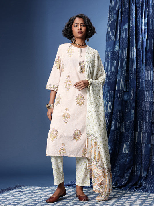 Taavi Bagru Floral Printed Pure Cotton Kurta with Trousers & Dupatta