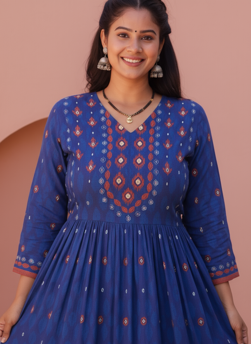 Viscose Placement Print Anarkali Blue Dress