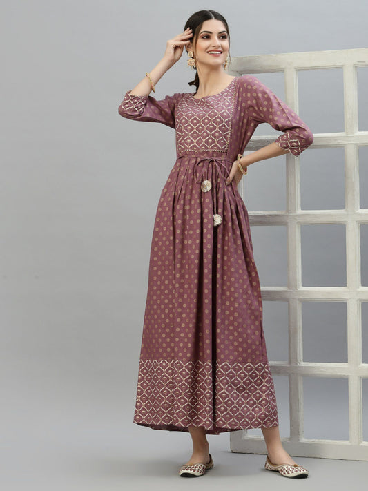 Womens Gold and Khari Printed Rayon Flared Long Ethnic Dress