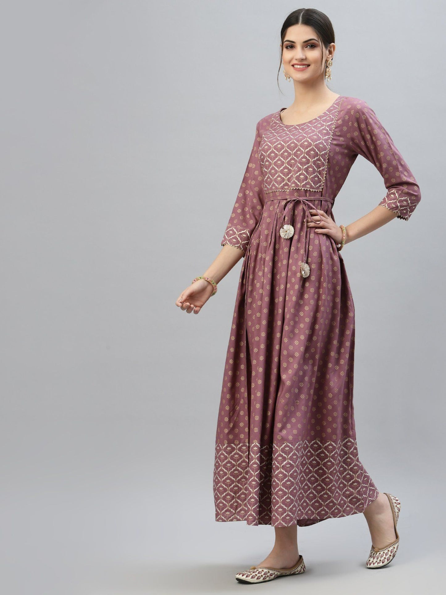 Womens Gold and Khari Printed Rayon Flared Long Ethnic Dress