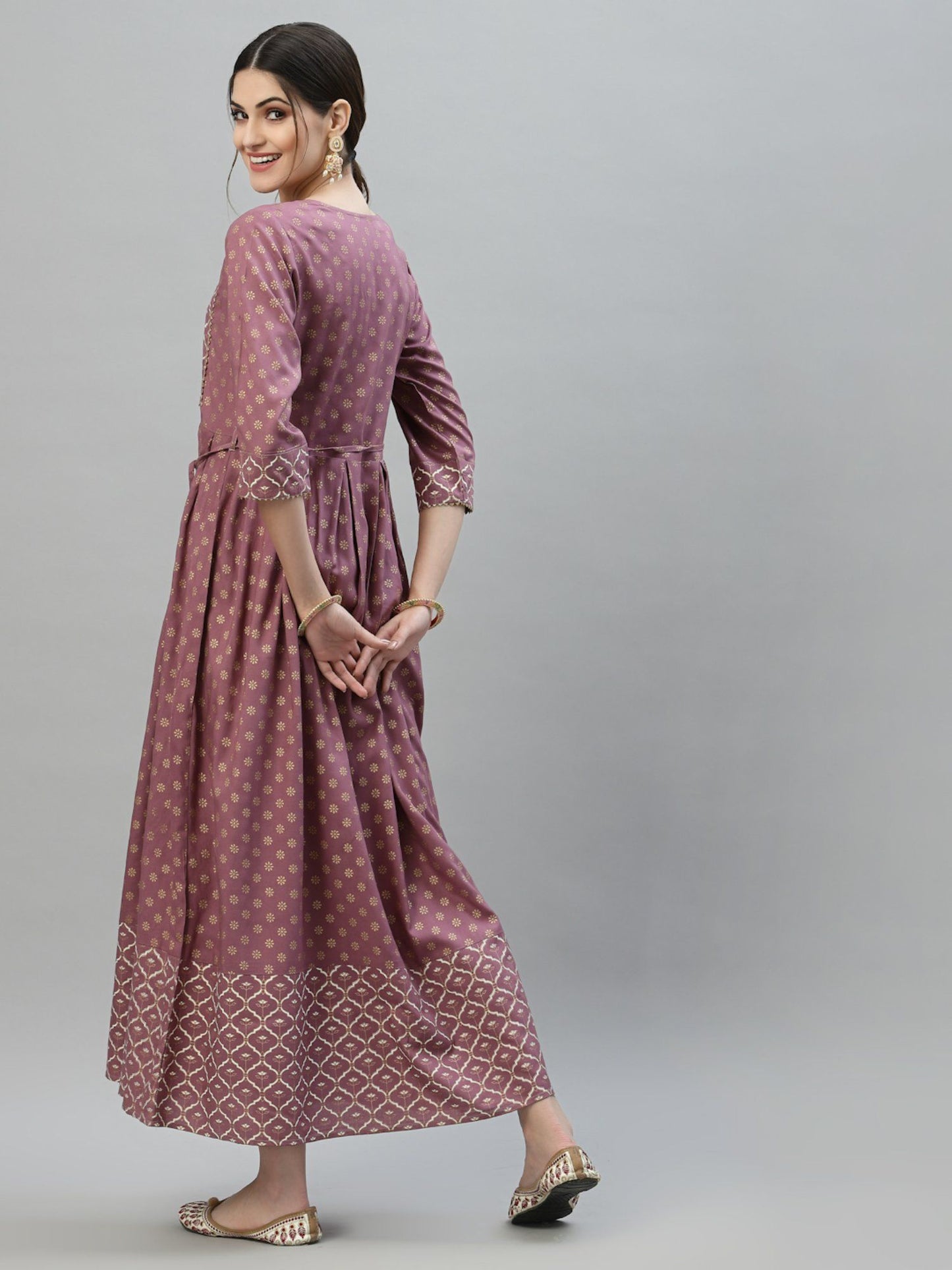 Womens Gold and Khari Printed Rayon Flared Long Ethnic Dress