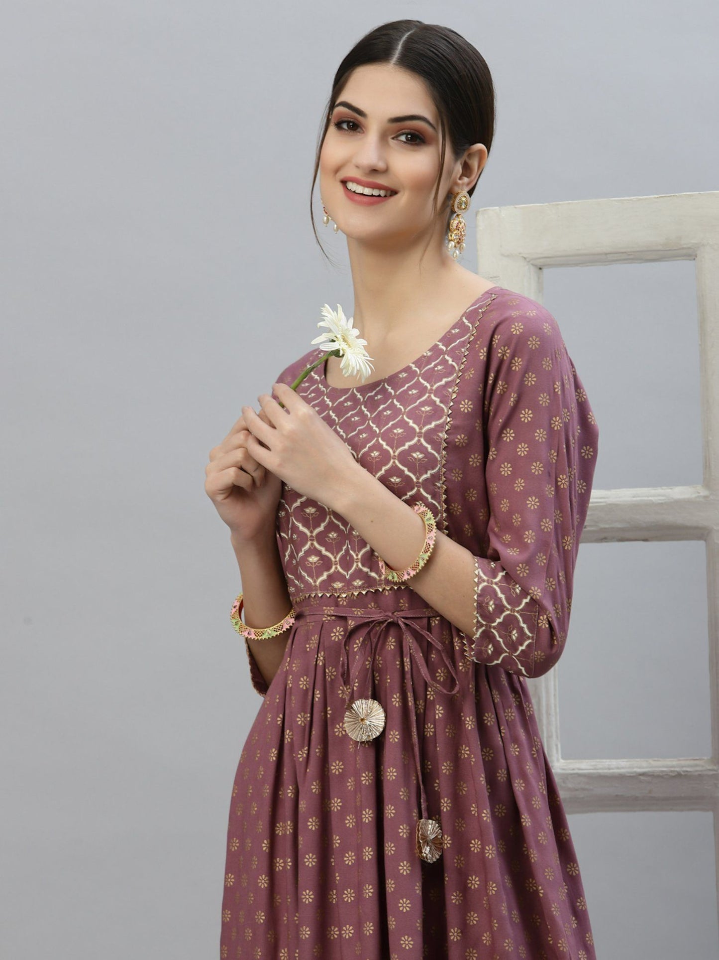 Womens Gold and Khari Printed Rayon Flared Long Ethnic Dress