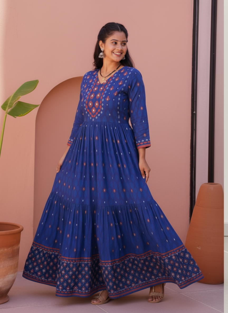 Viscose Placement Print Anarkali Blue Dress