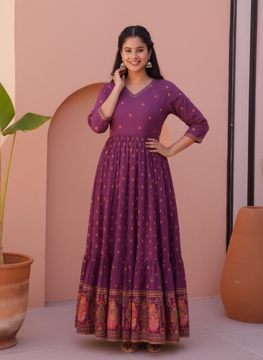 Soft Cotton Placement Print Anarkali Purple Dress