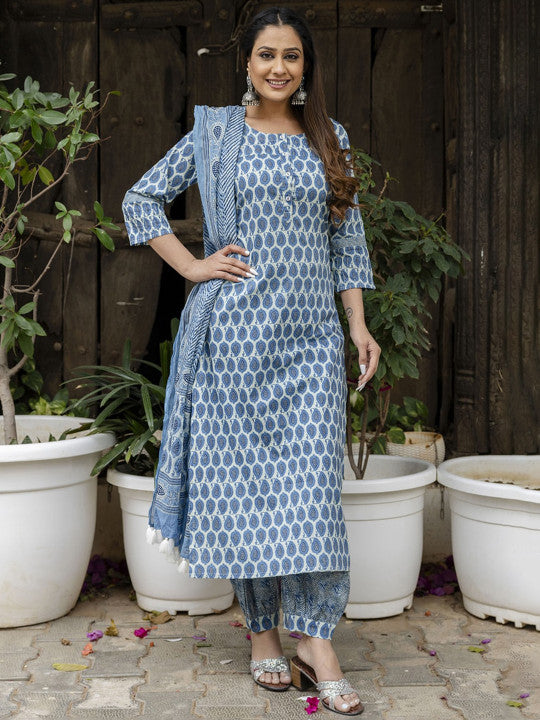 Printed Pure Cotton Straight Kurta With Salwar & Dupatta