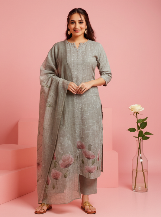 Embroidered Tissue Fabric Placement Print Straight Beige Kurta