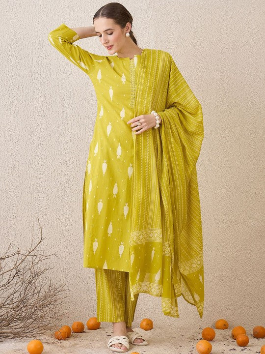 Indo Era Floral Printed Notch Neck Sequinned Pure Cotton Kurta & Trousers & Dupatta