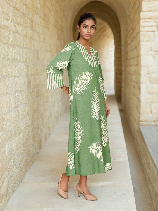 Dora Dori Tropical Print Flared Sleeve A-Line Midi Dress