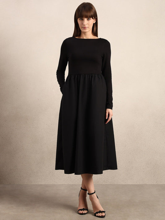 Black Boat Neck Midi Dress
