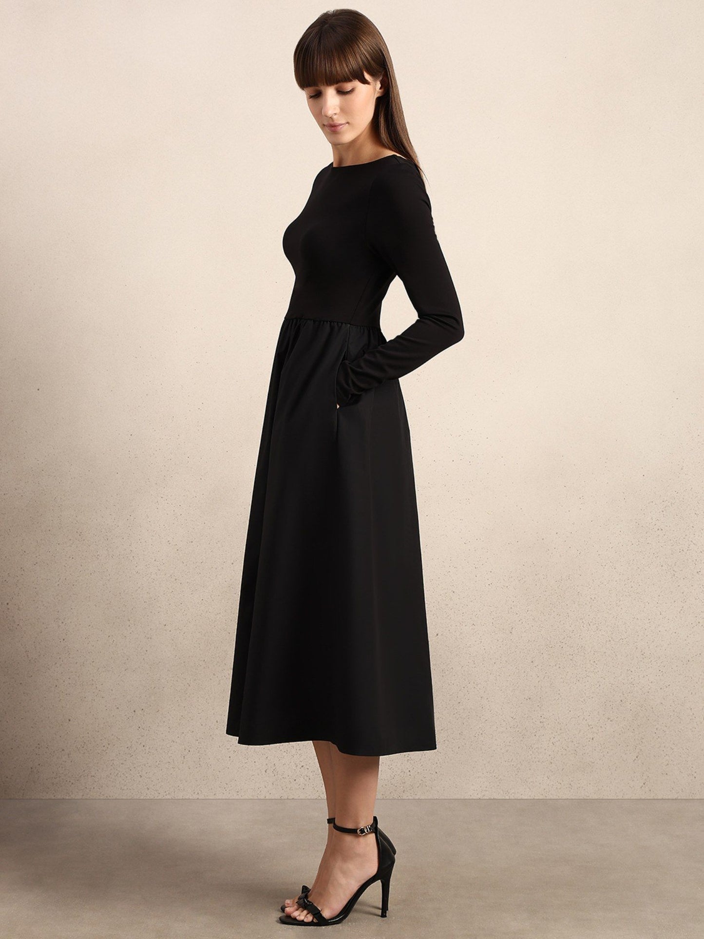Black Boat Neck Midi Dress