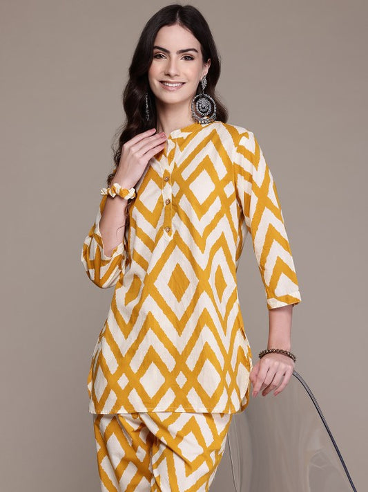 Printed Pure Cotton Tunic With Palazzos & Scrunchie