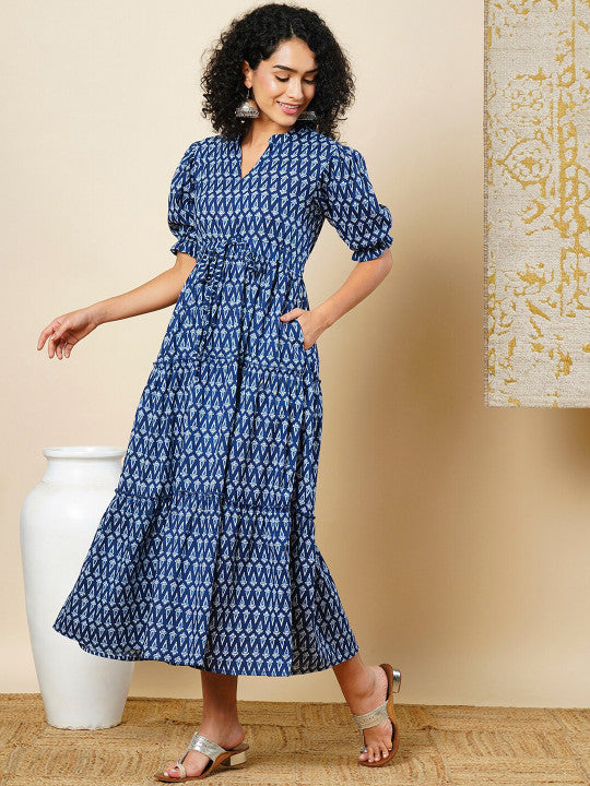 Globus Mandarin Collar Puff Sleeves Ethnic Motifs Tiered Fit & Flare Fusion Maxi Dress