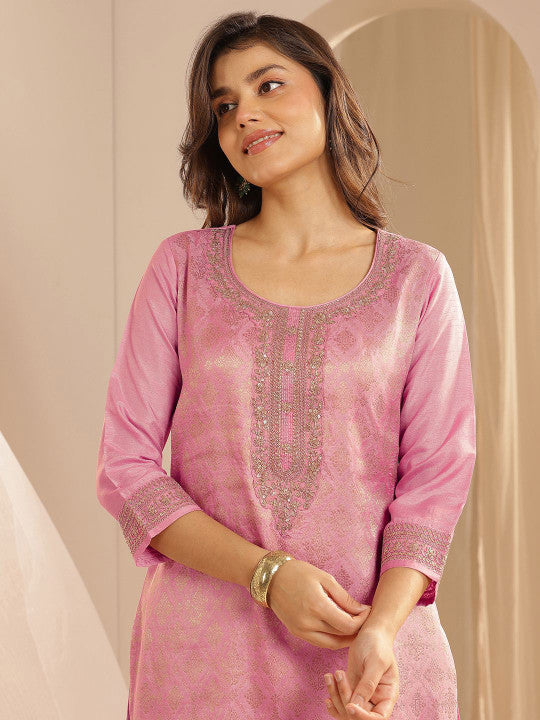 Floral Woven Design Zari Straight Kurta With Trousers And Dupatta
