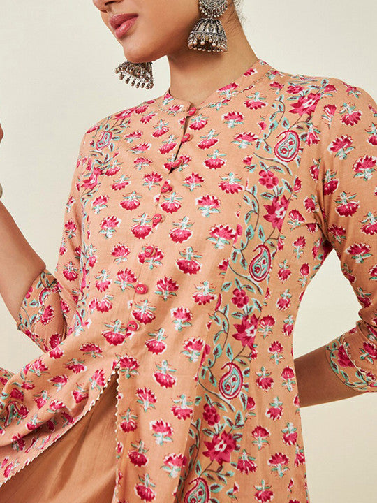 Mandarin Collar Floral Printed Cotton Fit & Flare Midi Ethnic Dress