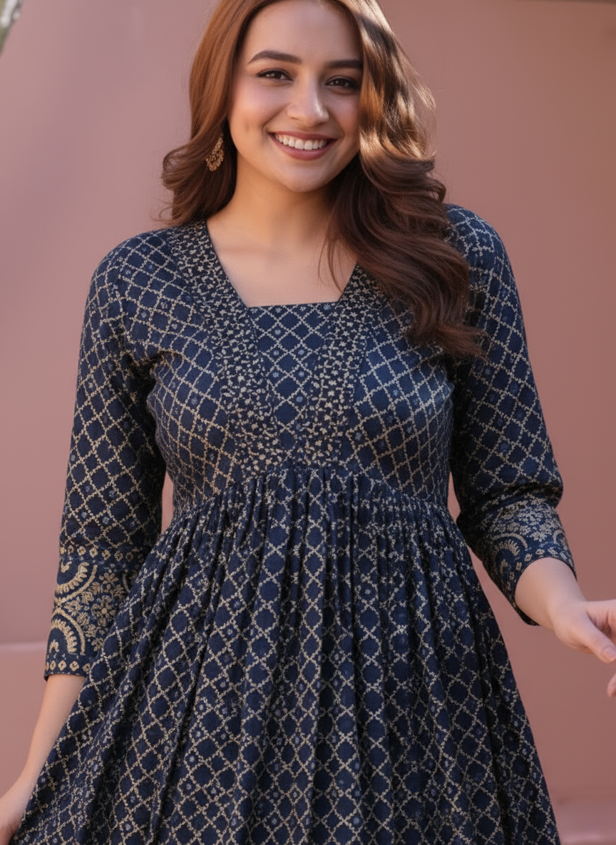 Soft Cotton Geometric Gathered Rust Dress