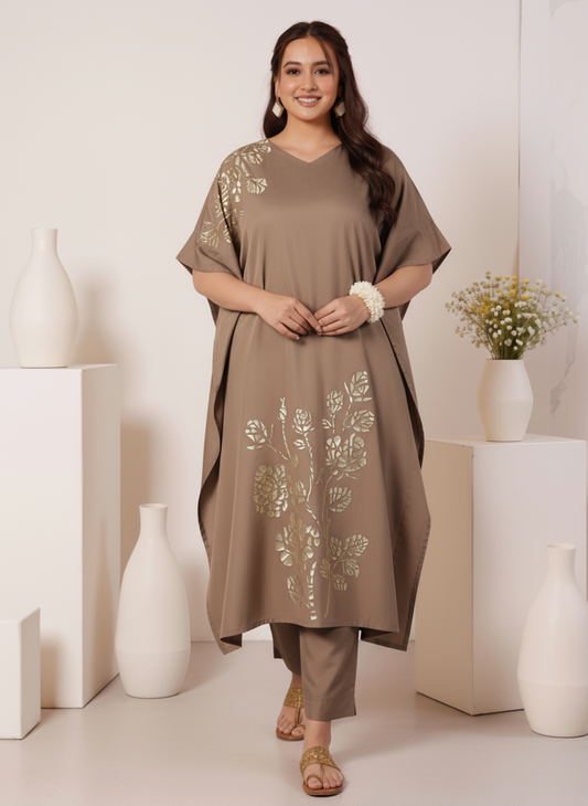 Poly Chanderi Placement Print Kaftan Brown Kurta