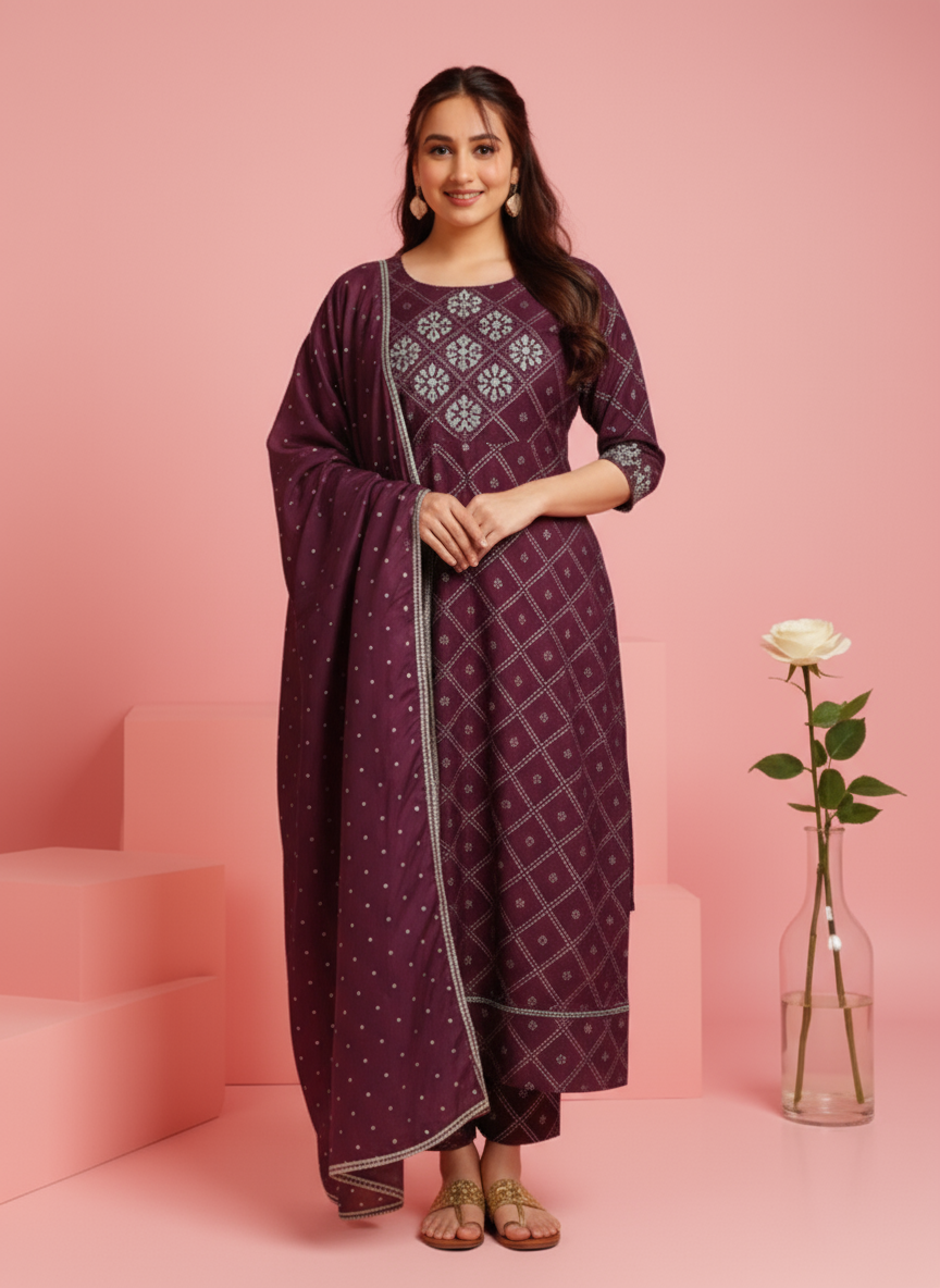 Embroidered Roman silk Bandhani Anarkali Purple Kurta