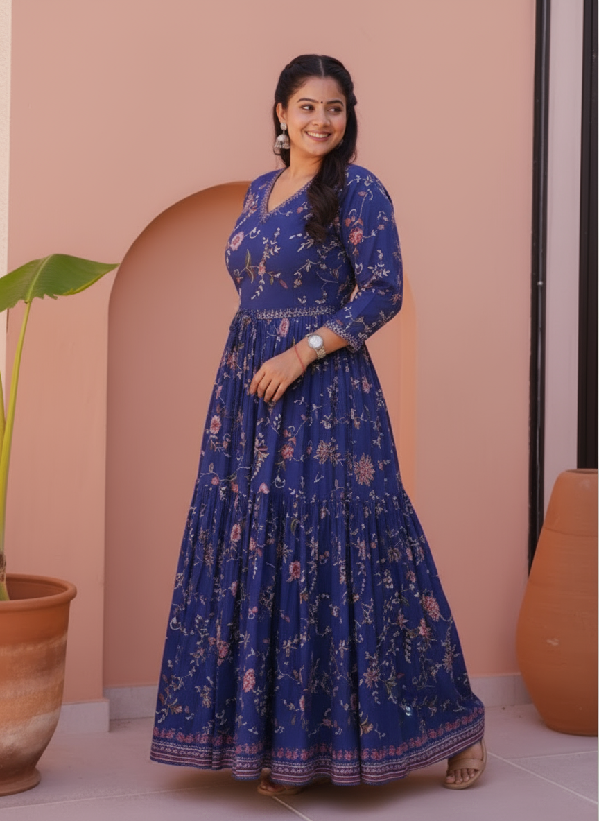 Viscose Floral Anarkali Blue Dress